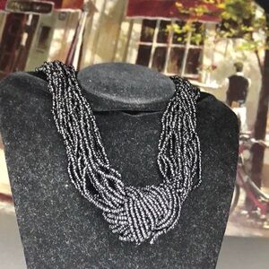 VINTAGE Black Multi-Strand Beaded Knot Necklace - Women Jewelry